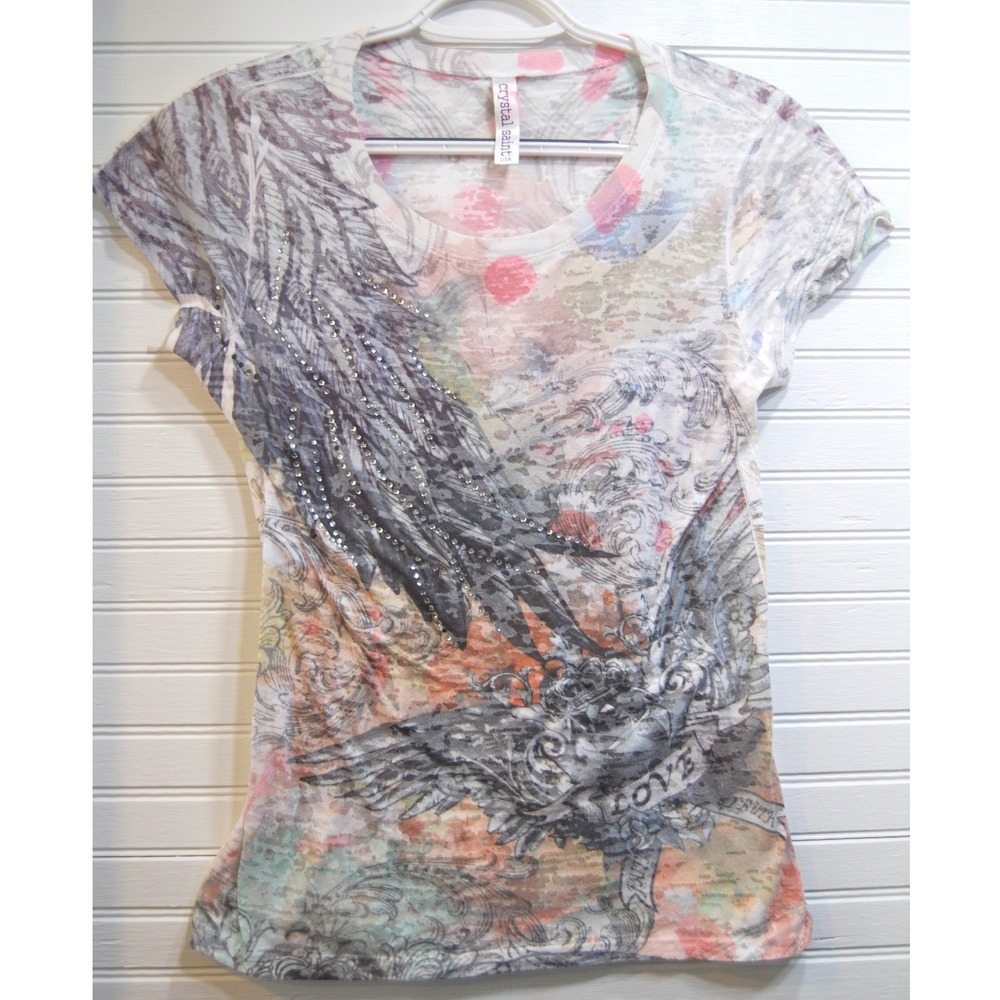 Womens Y2K Crystal Saint top size Small Rhinestone Embellished Graphic V-neck